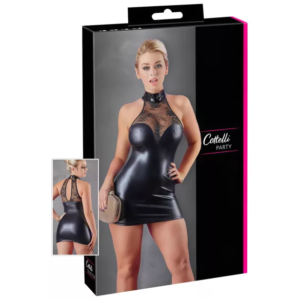 Cottelli - mini suknelė su nėriniais ir blizgiu kaklo dirželiu - juoda - XL