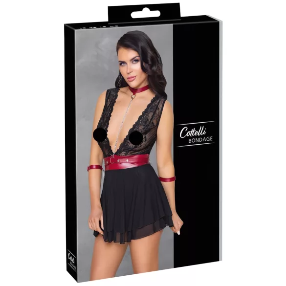 Cottelli Bondage - nėriniuota juoda babydoll su dirželiu