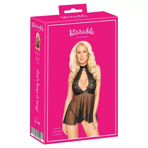 Kissable - naktinukai su kaklo dirželiu - nėriniai - juodi - L/XL