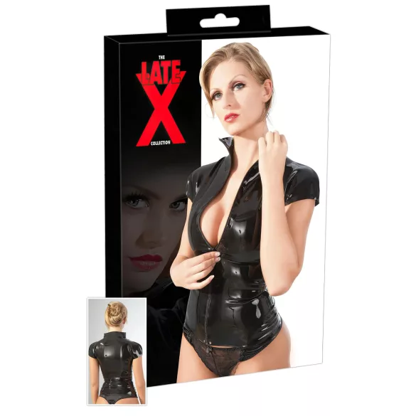 Latex užsegama trumpų rankovių moteriška palaidinė (juoda) - 2XL