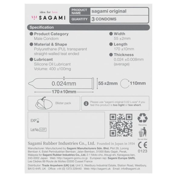 Sagami Original 0.02 - prezervatyvai - 55 mm - 3 vnt.