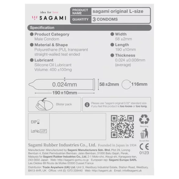 Sagami Original 0,02 L - prezervatyvai - 58mm - 3 vnt.