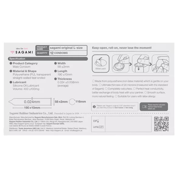 Sagami Original 0,02 L - prezervatyvai - 58 mm - 12 vnt