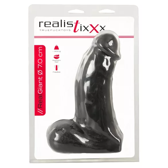 Realistixxx Real Giant - didelis dildo su sėklidėmis - 22 cm - juodas