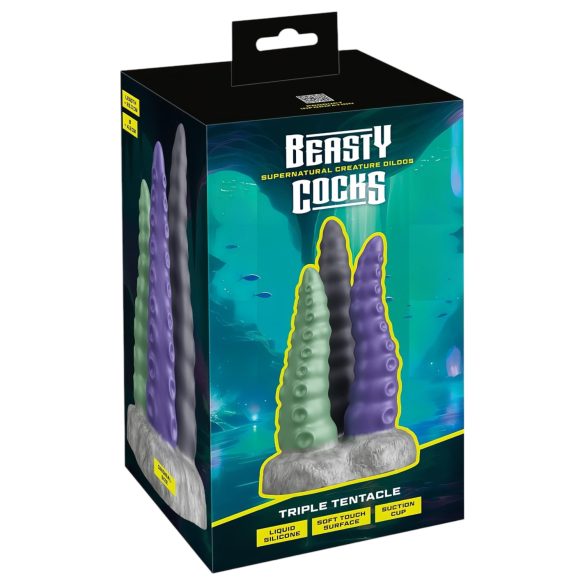 Beasty Cocks - trijų atšakų dildo - silikonas - juoda