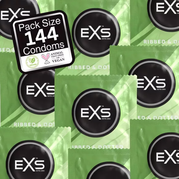EXS - prezervatyvai su briaunelėmis, taškeliais, platėjantys - 144 vnt