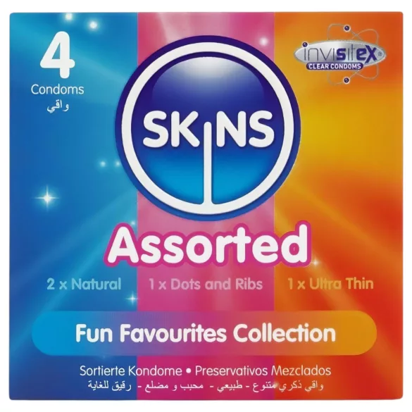 Skins - įvairūs prezervatyvai - taškuoti, natūralūs, ypač ploni (4 vnt.)