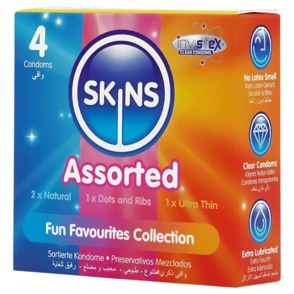 Skins - įvairūs prezervatyvai - taškuoti, natūralūs, ypač ploni (4 vnt.)