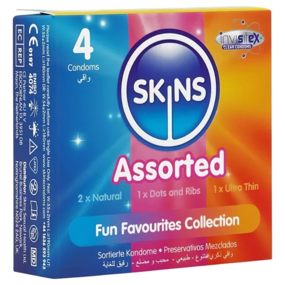 Skins - įvairūs prezervatyvai - taškuoti, natūralūs, ypač ploni (4 vnt.)