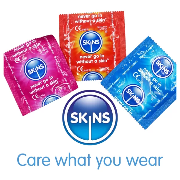 Skins - įvairūs prezervatyvai - taškuoti, natūralūs, ypač ploni (4 vnt.)