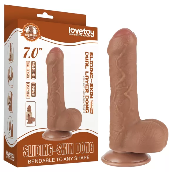Lovetoy Sliding-Skin - dvigubas dildas su sėklidėmis - 18,3cm natūralios spalvos