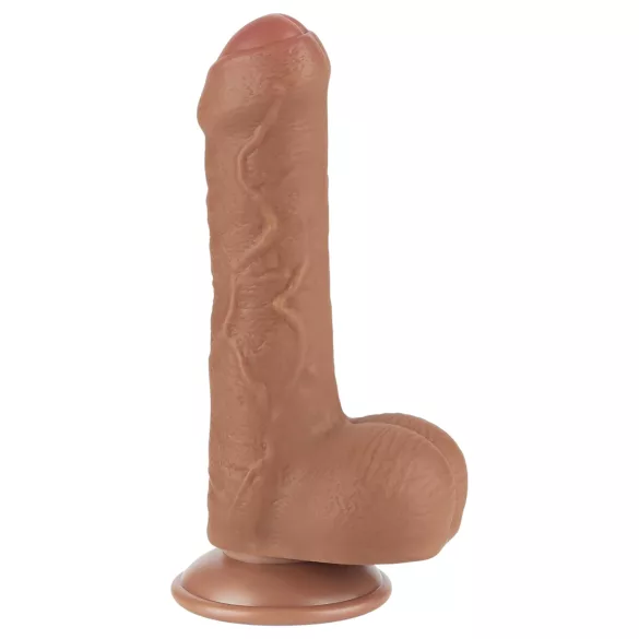 Lovetoy Sliding-Skin - dvigubas dildas su sėklidėmis - 18,3cm natūralios spalvos