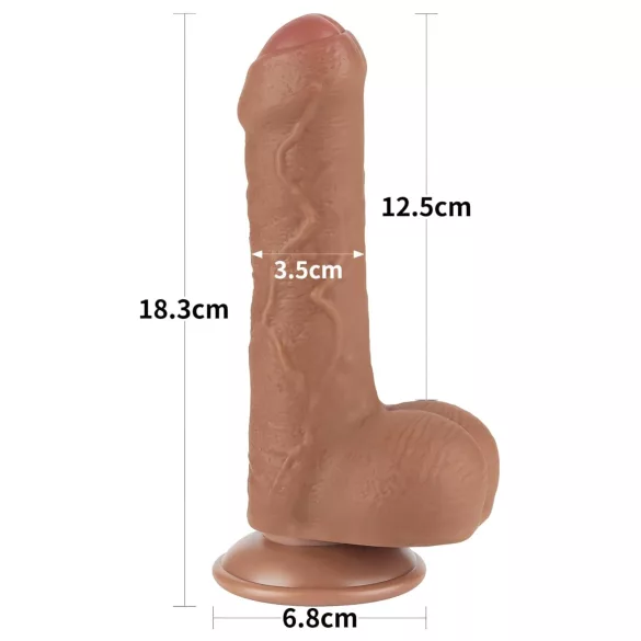 Lovetoy Sliding-Skin - dvigubas dildas su sėklidėmis - 18,3cm natūralios spalvos