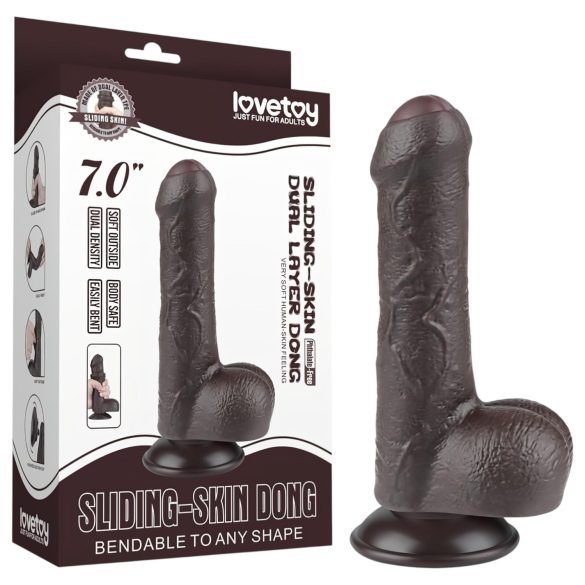 Lovetoy Sliding-Skin - dvigubas dildo su sėklidėmis - 18,3 cm - rudas
