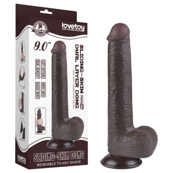 Lovetoy Sliding-Skin - dvigubas dildo su siurbtuku - 20,8 cm - rudas