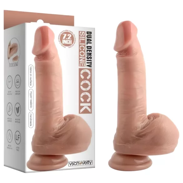 Dual Density - tikroviškas dildo su kapšeliu ir siurbtuku - 18 cm (natūralios spalvos)