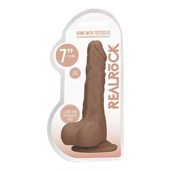 RealRock Dong 7 - tikroviškas dildas su sėklidėmis 17cm - tamsi kūno spalva