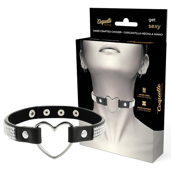 Coquette - kaklo papuošalas su širdies pakabuku - juodas, su kristalais