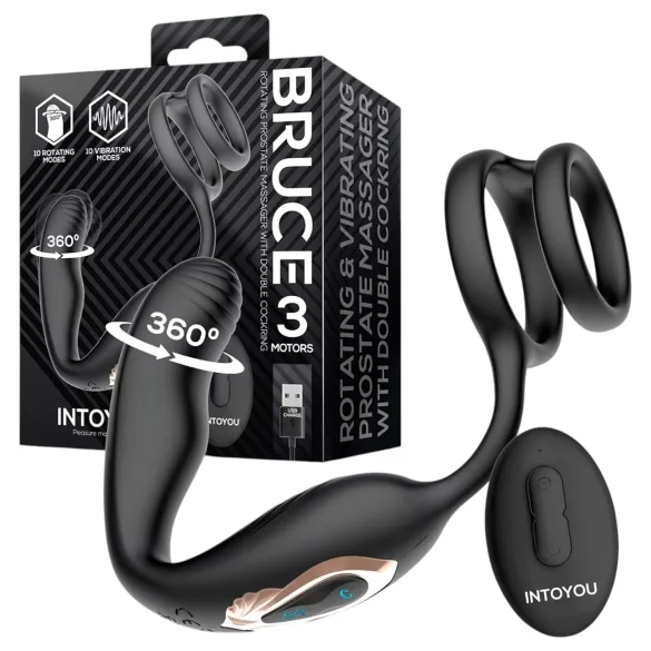 IntoYou Bruce - radijo bangomis valdomas besisukantis prostatos vibratorius su dvigubu žiedu (juodas)