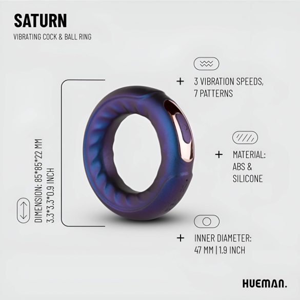 Hueman Saturn - įkraunamas, vandeniui atsparus vibruojantis penio žiedas (violetinis)