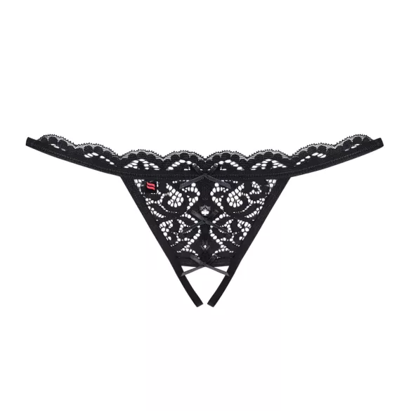 Obsessive - atvira nėriniuota tanga su kaspinėliu - juoda - L/XL