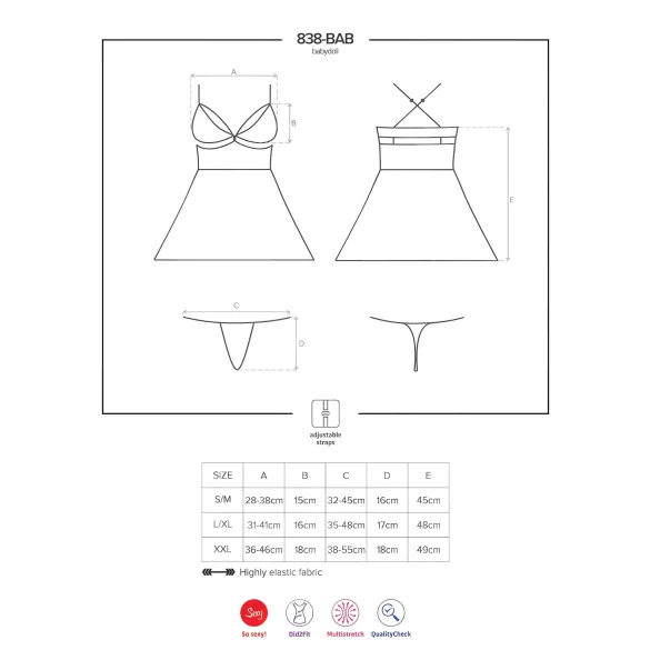 Obsessive 838-BAB-1 - permatomas nėriniuotas babydoll rinkinys - juodas - 2XL/3XL