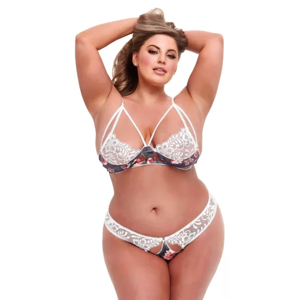 Baci Plus Size - Gėlių ir nėrinių liemenėlės komplektas (balta)