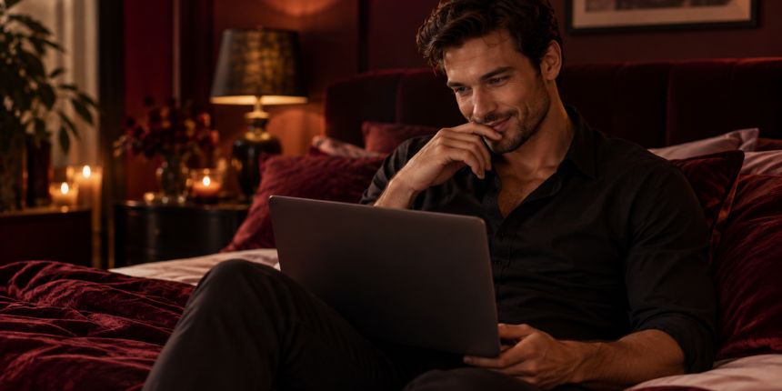 Vyras sėdi lovoje su nešiojamu kompiuteriu ir skaito apie masturbacijos patarimus | lovesexshop.lt sex shop